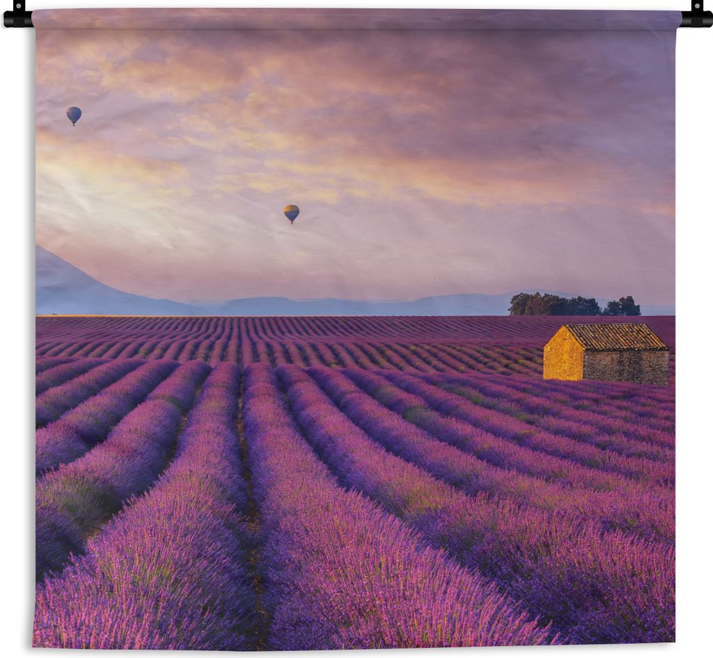 MuchoWow Wandteppich Wandbehang Lavendel - Heißluftballon - Berg - Lila 150x150 cm Tapisserie Dekoration Wandtuch - Wohnaccessoires - Modernes