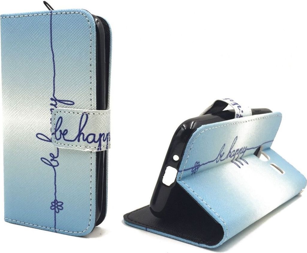 Handyhülle Tasche für Handy Samsung Galaxy J1 Mini Schriftzug Be Happy Blau