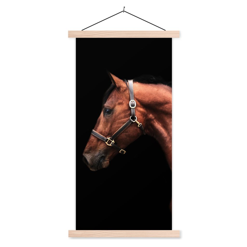 MuchoWow Textilposter Pferd - Leicht - Halfter 60x120 cm mit holzfarbenen Rahmen - Holz