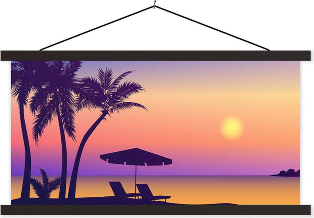 MuchoWow Textilposter Strandkorb - Sonnenschirm - Sommer - Illustration 120x60 cm mit schwarzem Rahmen - Dekoration Schlafzimmer