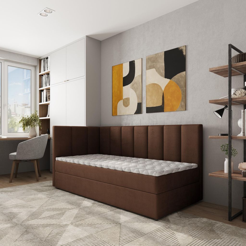 Masseno Boxspringbett BEVE 80x200 cm Komplett-Set mit Bonell Matratze und Topper, Polsterbett mit Bettkästen -Braun, KRONOS 06