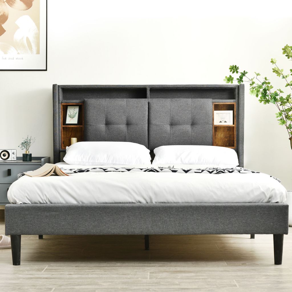 Letto Matrimoniale 160x200 Con LED RGB E Porte USB, 4 Cassetti, Imbottito In Lino Beige - 4