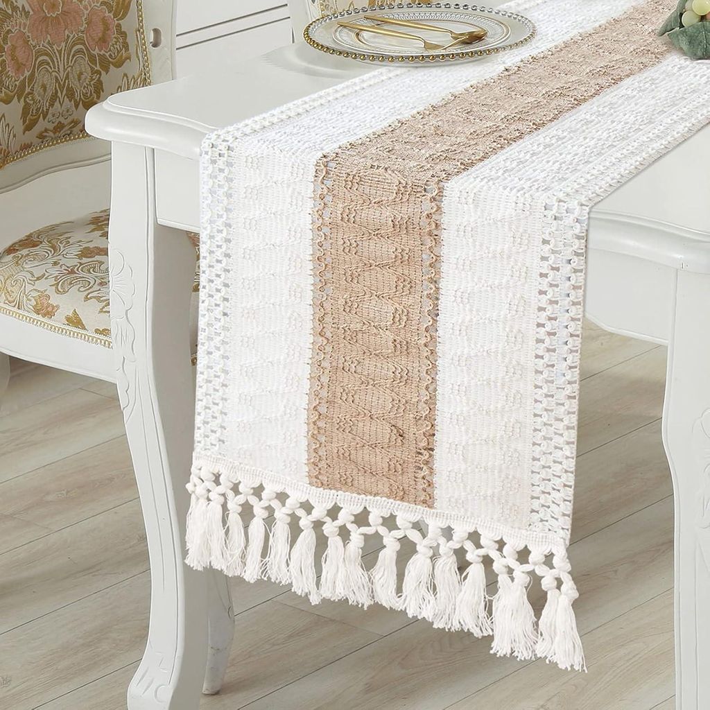 Tischläufer Beige mit Quasten 30*180cm(12*71nch) Böhmische Tischdekoration für Hochzeitsdekoration Vintage Dekoration