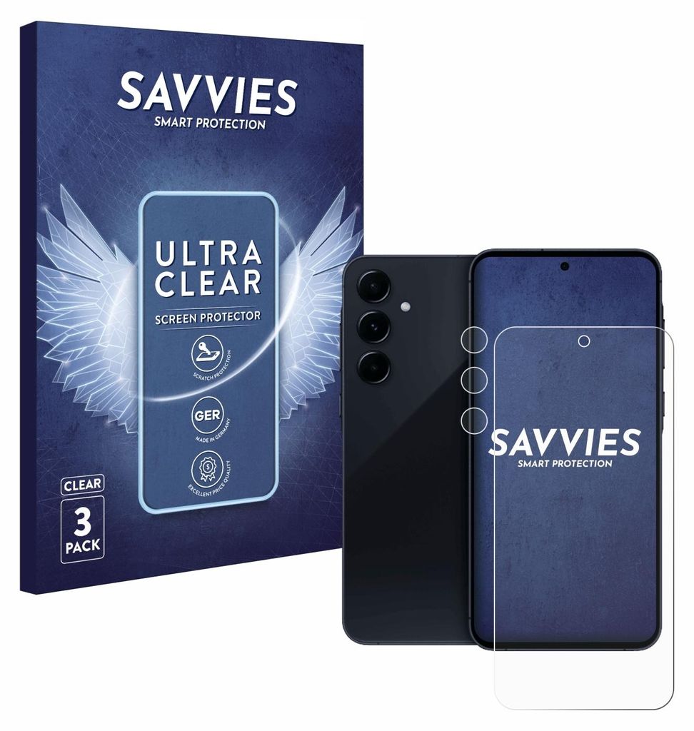 A product shot of a phone screen protector packaging and a phone with a screen protector on it.