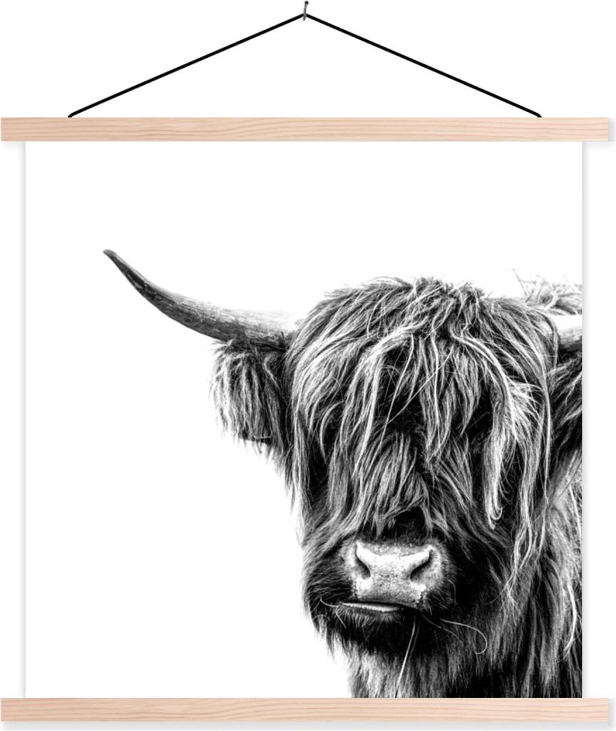 MuchoWow Textilposter Schottisches Hochlandrind - Horn - Schwarz - Weiß 120x120 cm mit holzfarbenen Rahmen - Textil-Poster