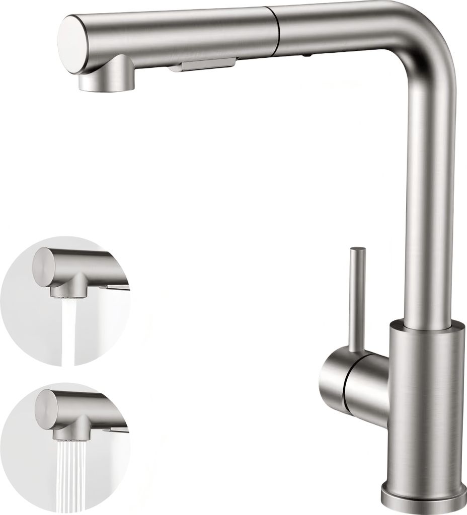 A stainless steel kitchen faucet with a pull-out spray head is shown against a white background. Inset images show the spray head in two different modes: a single stream and a multi-stream spray.