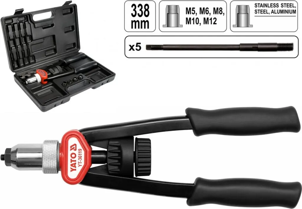 Pince à riveter à levier 338 mm : fixer des écrous M5 à M12 sans effort