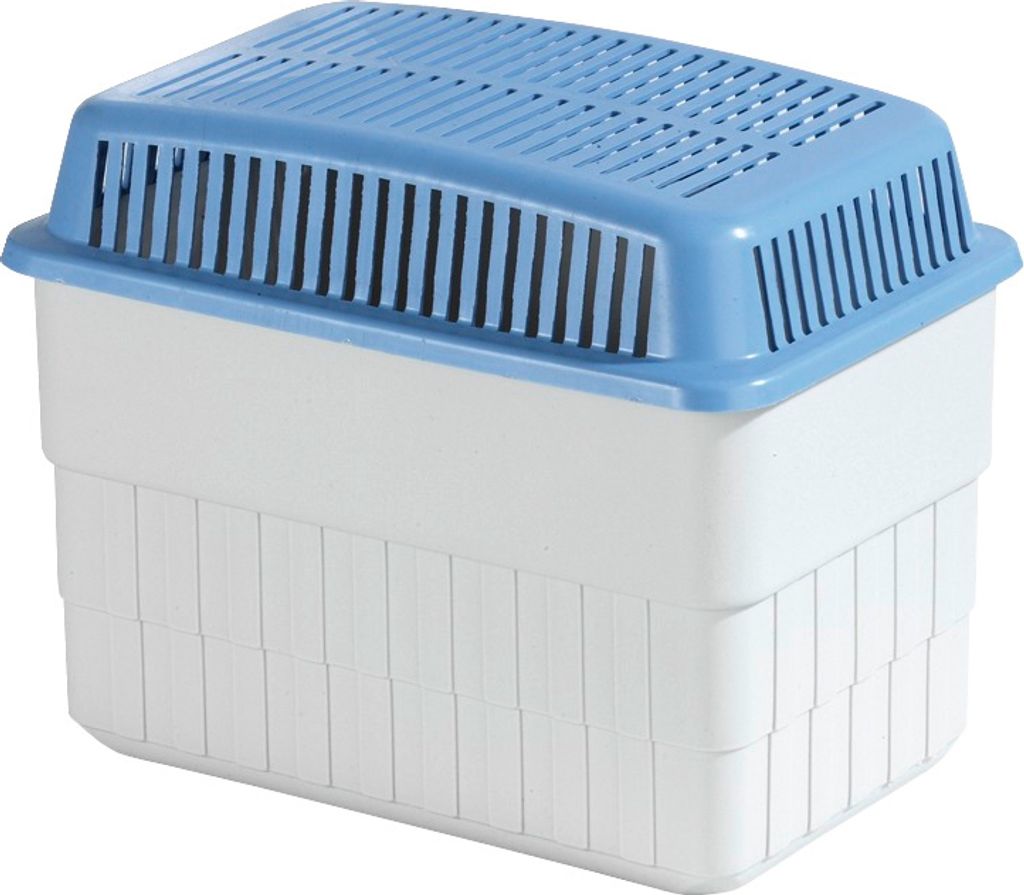 A white and blue dehumidifier with a slatted blue lid.