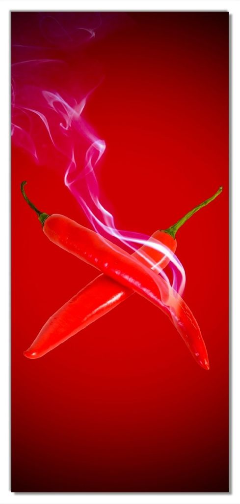 Wallario selbstklebende Türtapete 93 x 205 cm - Rauchende Chili-Schoten im Duo vor rotem Hintergrund - Abwischbar, rückstandsfrei zu entfernen