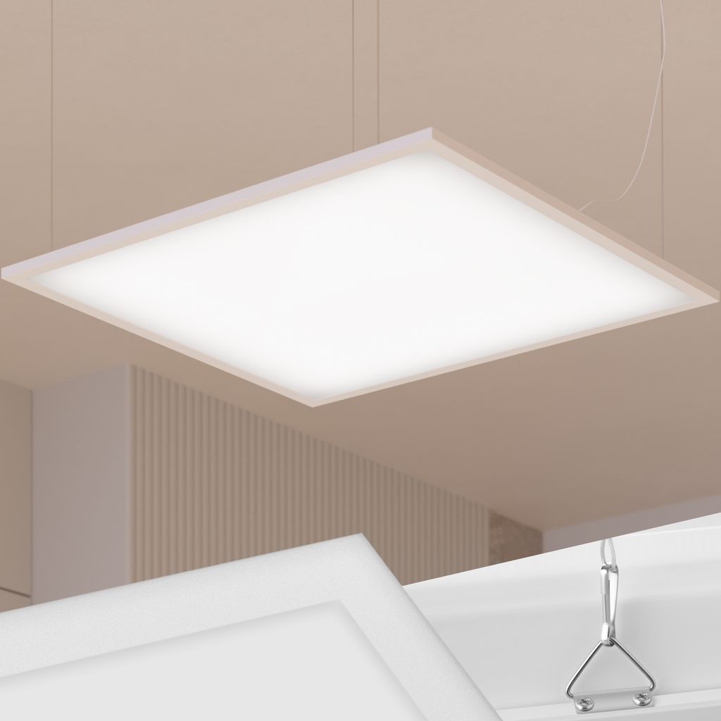 A rectangular LED panel light is suspended from the ceiling.