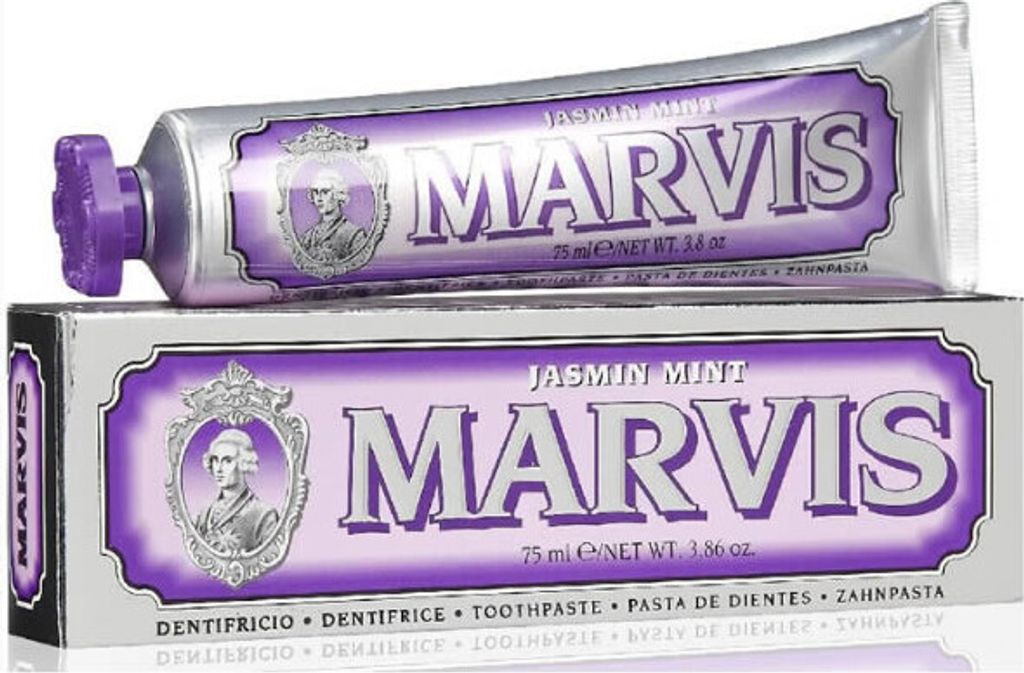 A tube and box of Marvis Jasmin Mint toothpaste.