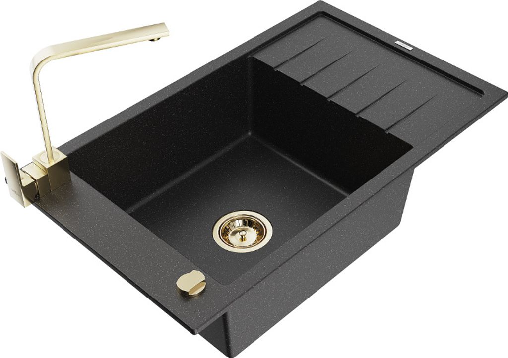 Mexen Elias 1 Becken-Granitspüle mit Abtropffläche und Mischbatterie Rita, Schwarz/Silbermetallic - 6511-73-670300-50