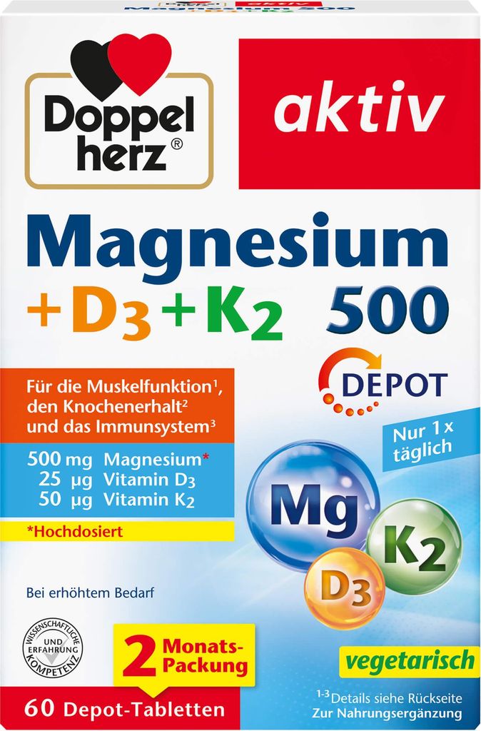 Doppelherz aktiv Magnesium 500 + D3 + K2 Depot-Tabletten, 60 St. Tabletten