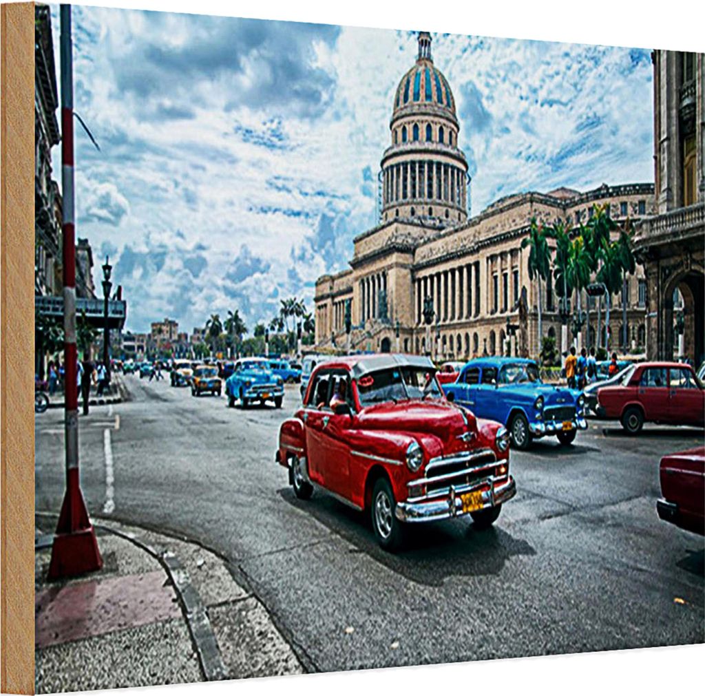 Holzschild 30x20cm Oldtimer in der Stadt Havanna Kuba rot blau