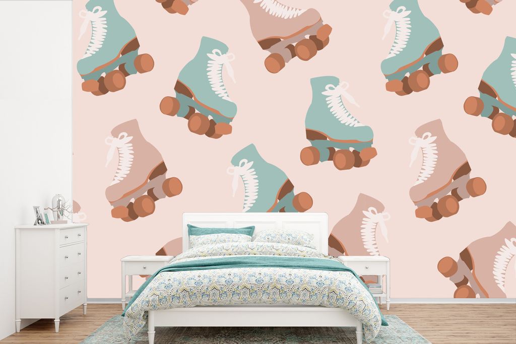 MuchoWow Fototapete für Wohnzimmer oder Schlafzimmer Wandtapete Vinyl Motivtapete Sommer - Rollerblades - Rosa - 330x220 cm - Fototapeten