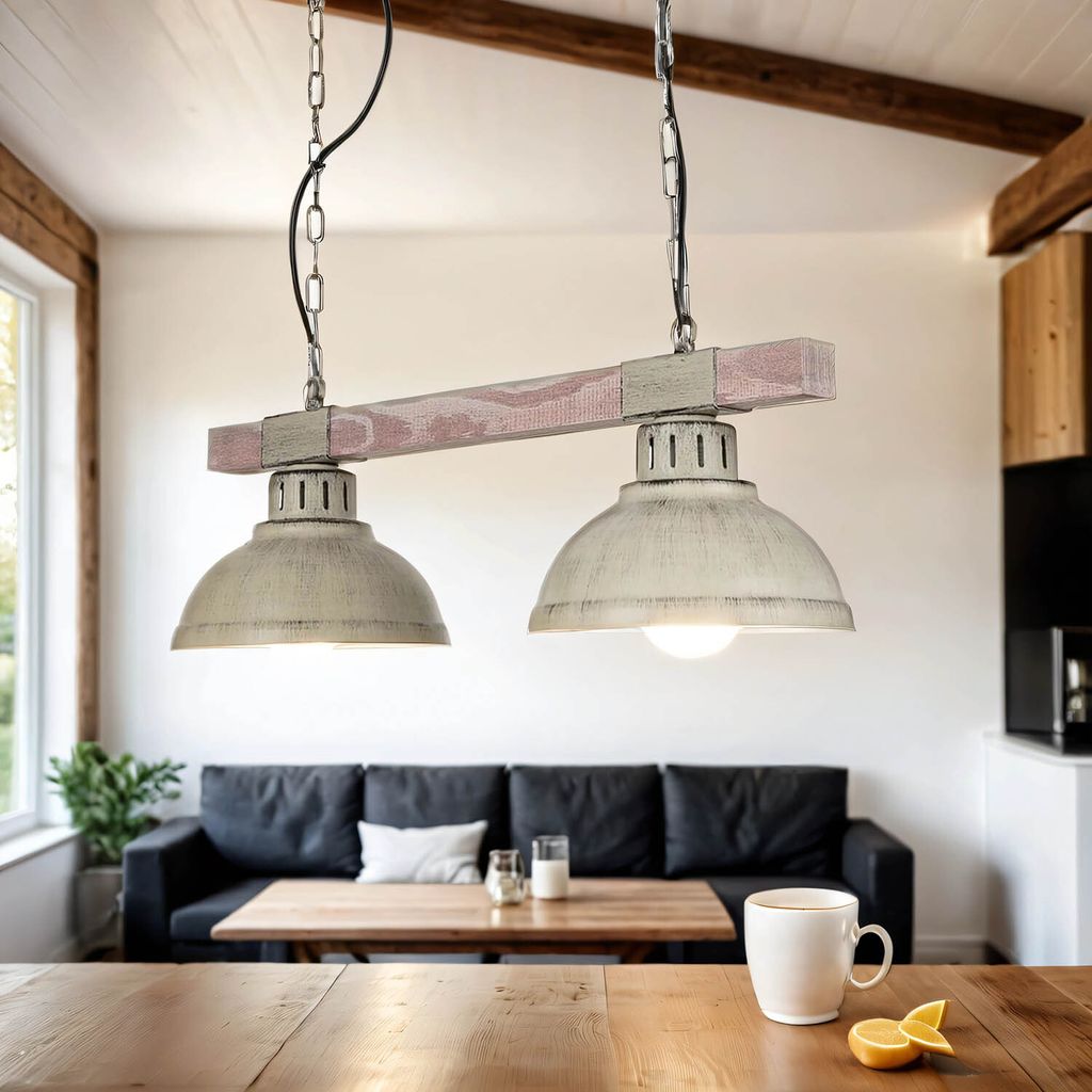 Hängelampe Vintage "Hakon" Metall Holz Shabby Weiß E27 2-flammig Pendelleuchte Wohnzimmer Esstisch