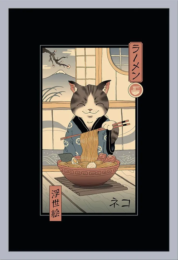 Affiche chat japonais Neko Ramen cadre argenté en verre acrylique