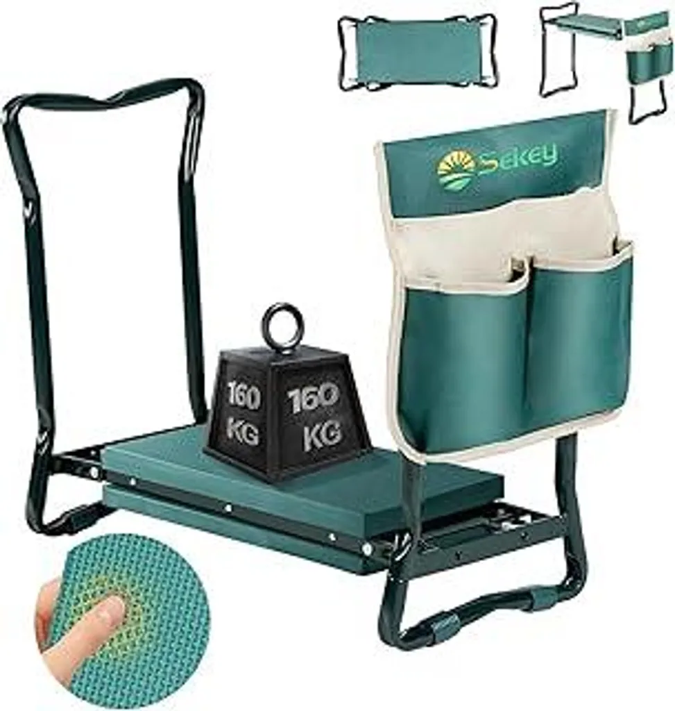 Sekey Panca regolabile in altezza per lavori di giardinaggio Portata 160 kg, sgabello da giardino pieghevole con tasche porta attrezzi, supporto per le ginocchia per lavori di giardinaggio 60 * 50 * 28 cm, verde (standard)