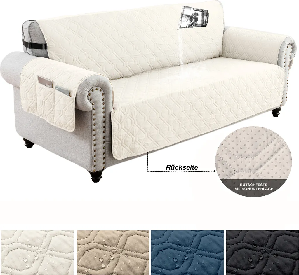 Couverture de canapé imperméable 2 places beige antidérapante à poches