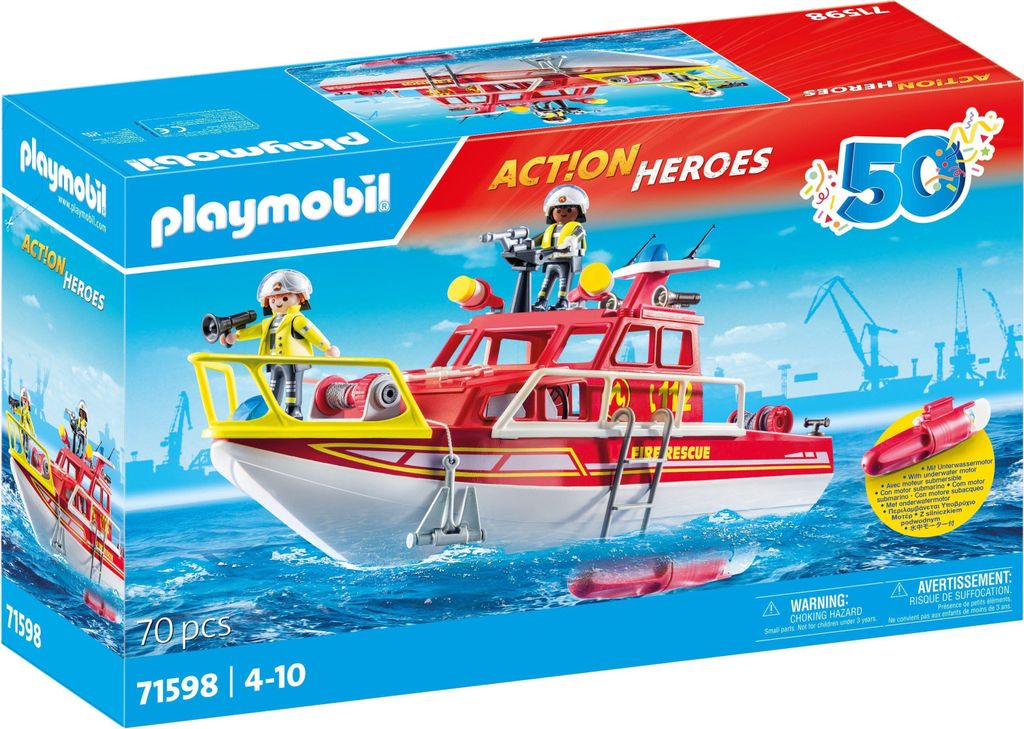 The image shows the packaging of a Playmobil fire rescue boat set, with the boat and figures depicted on a blue, watery background.