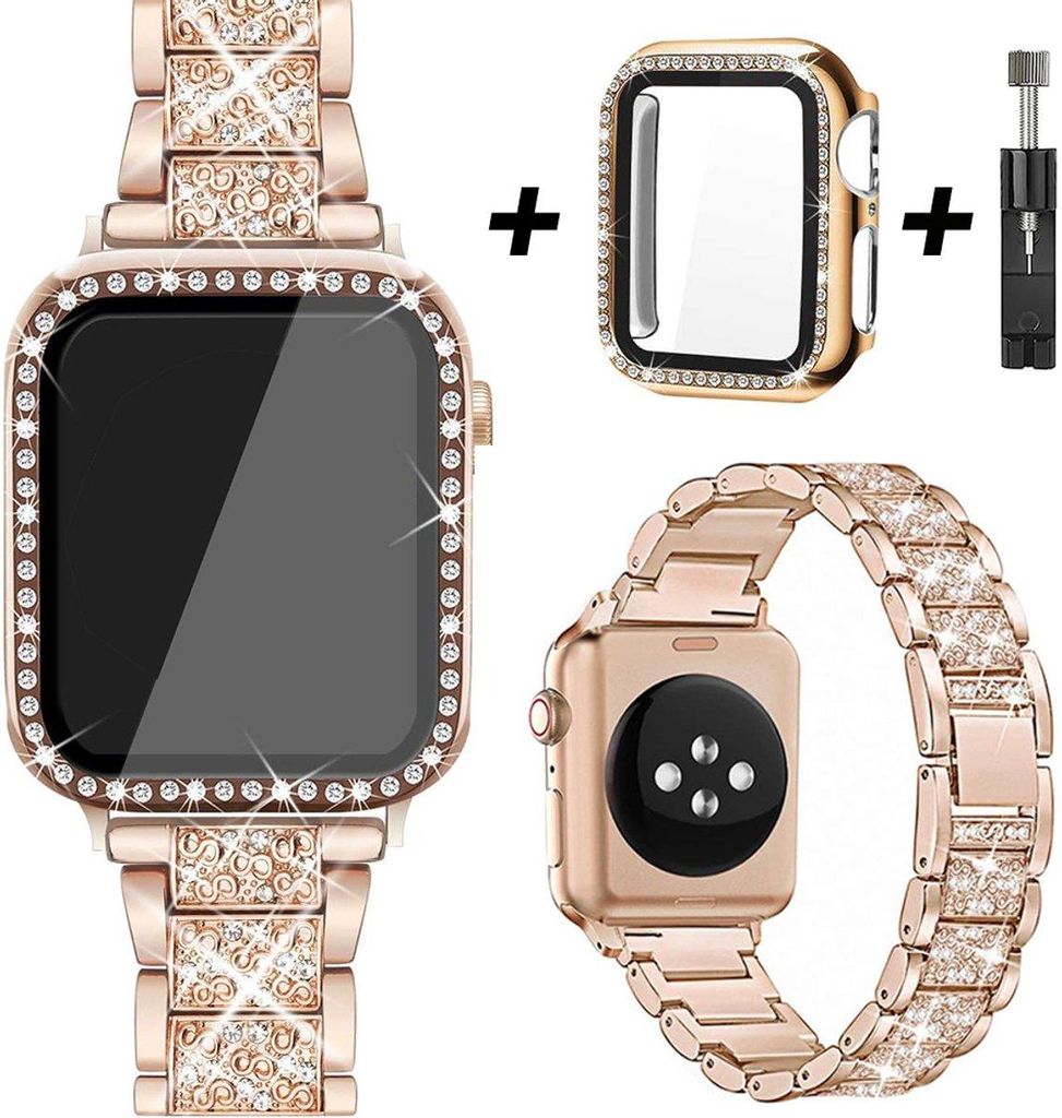 FFO2World Glitzer-Armband + Diamant-Uhrengehäuse + Armbandversteller für Apple Watch 38 mm (Serie 1‐3) – s Metall & Schutzhülle