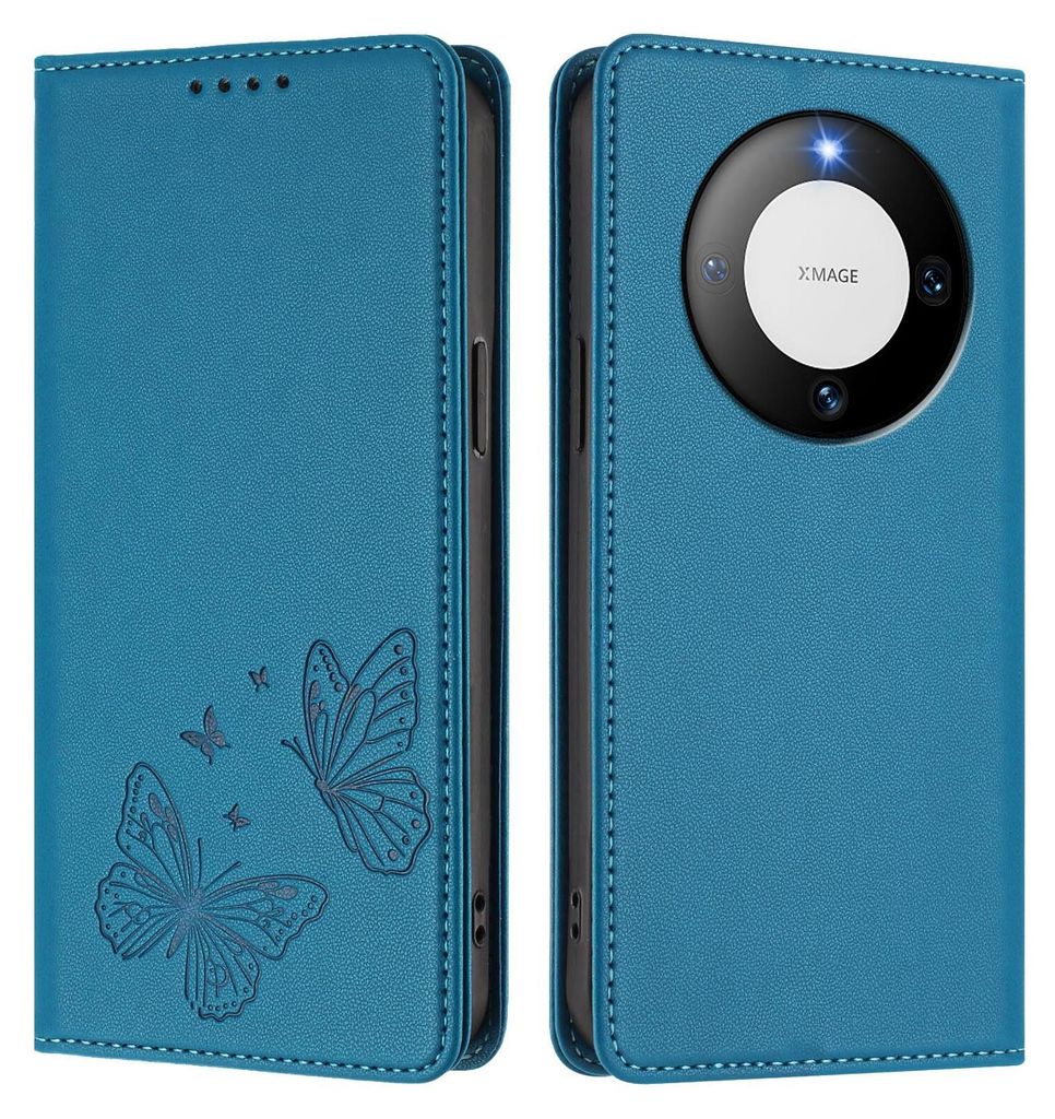 Lederhülle für Huawei Mate 60, Schmetterling Prägung Leder Brieftasche Schutzhülle mit Ständer Blau