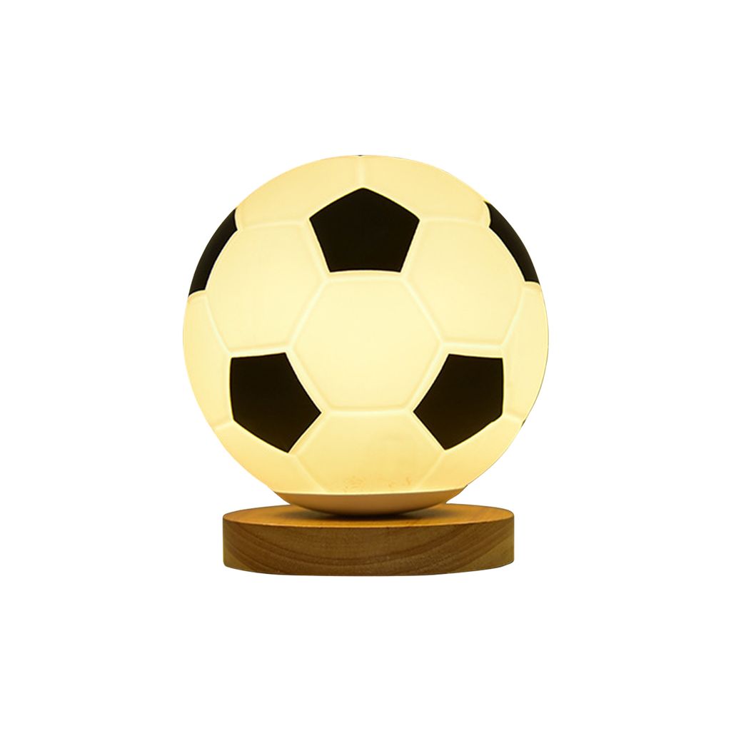 LED Nachtlicht Fußball – dimmbare Tischlampe aus Holz & Glas mit Fernbedienung, dekorative Beleuchtung für Schlafzimmer, Kinderzimmer & Büro