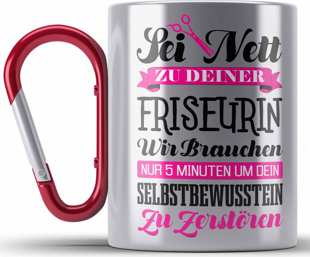 Trendation - Friseurin Edelstahl Tasse Karabiner Geschenk Zubehör Geschenkideen Friseursaloneröffnung Frisörin Edelstahl Tasse Karabinern Karabi...