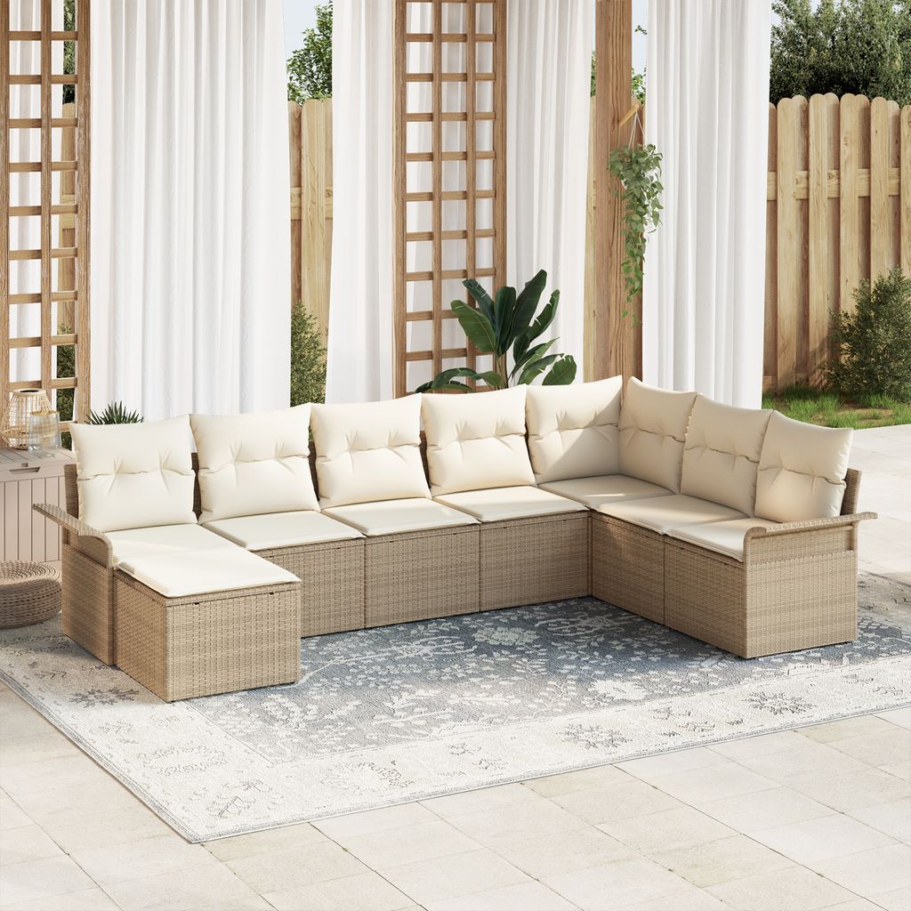 8-teiliges Garten Sofa Set mit Kissen Beige Poly Rattan, Gartensofas DesignMöbel Neu