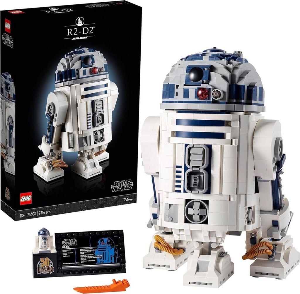 A Lego R2-D2 set is displayed, with the box on the left and the assembled droid on the right. A small display stand with a mini R2-D2 and information is also shown.