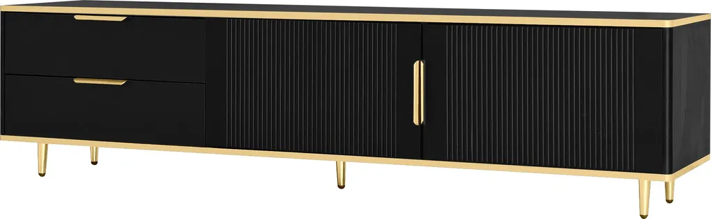 Banc TV Noir et Or Fortuna Lai avec rangement et plateau marbré chic