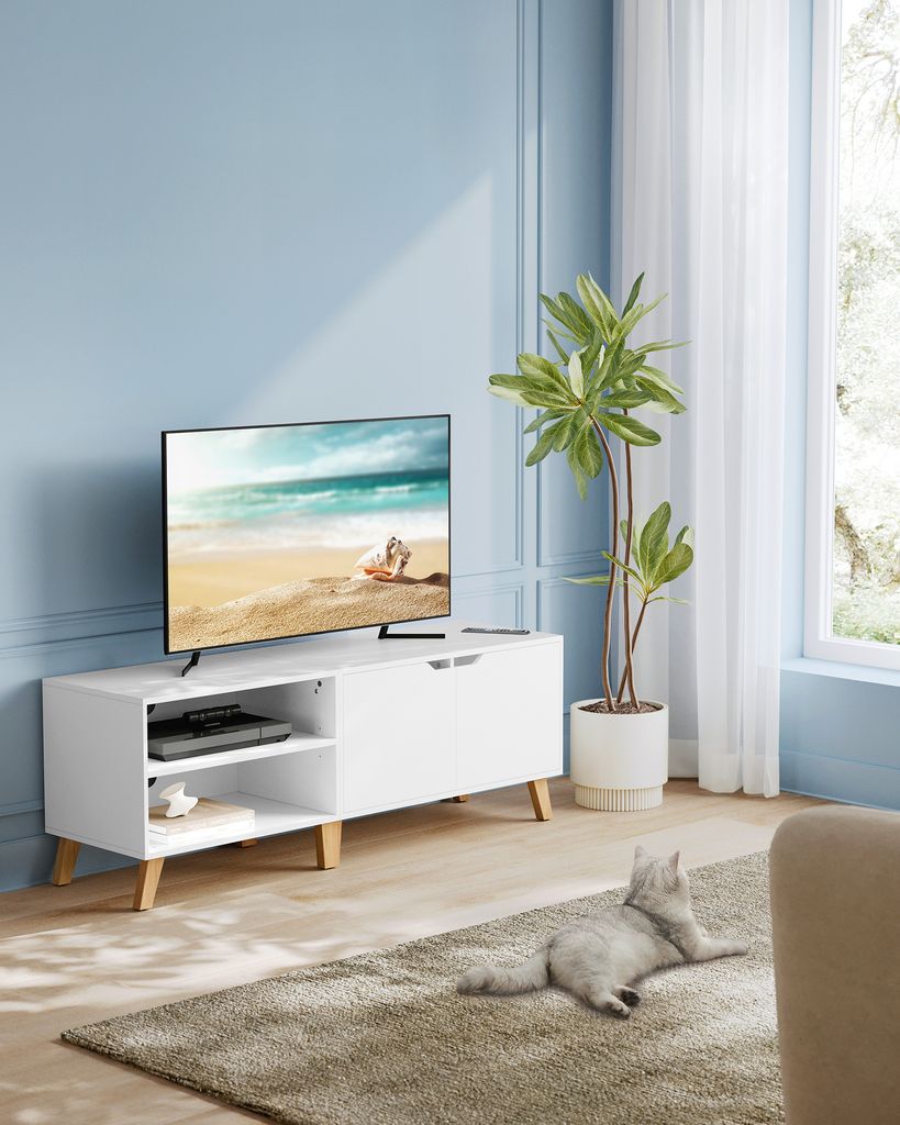 A living room with a TV on a stand and a cat on the rug.