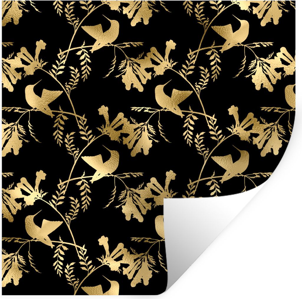 MuchoWow Wandtattoo Wandsticker Wandaufkleber Muster - Vögel - Gold 50x50 cm Selbstklebend und Repositionierbar - Selbstklebend - Fototapeten