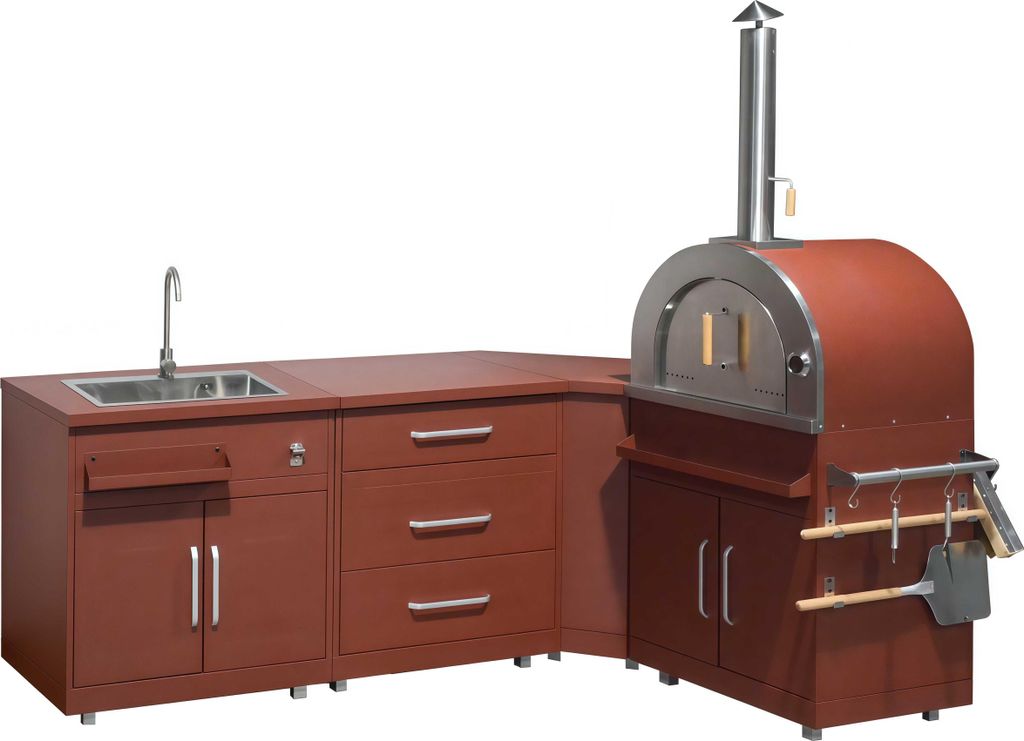 4-teilige Außenküche aus Stahl mit gemauertem Pizzaofen - Oviala Memphis