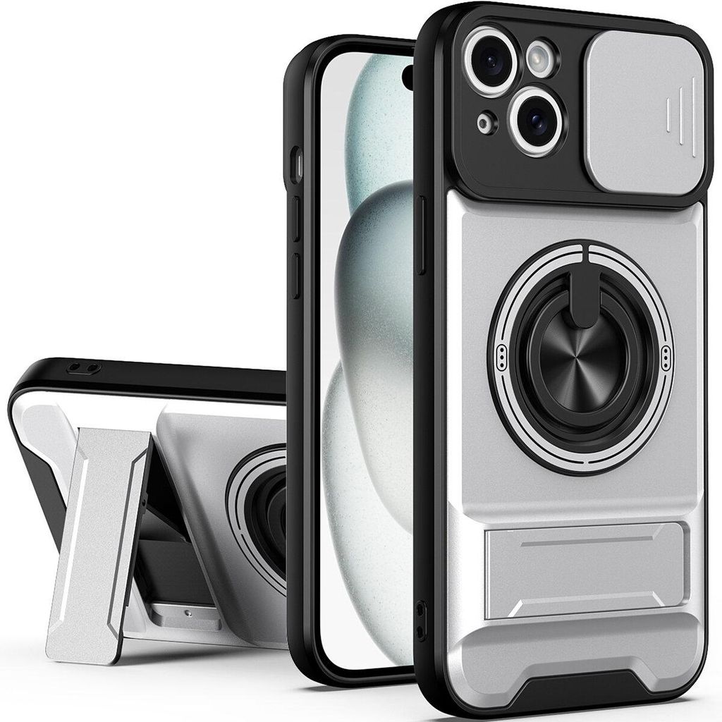 Magnetisch Hülle für iPhone 15 Plus Militär Stoßfest Hülle mit Dia Kameraschutz und Ringhalter Ständer Silber
