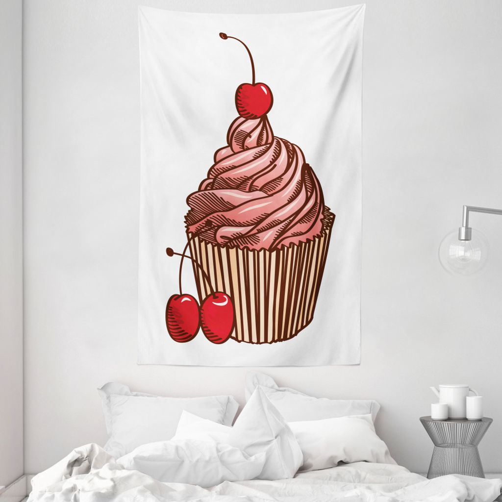 ABAKUHAUS Cupcake Wandteppich und Tagesdecke, Köstlicher Kuchen mit Kirsche aus Weiches Mikrofaser Stoff Waschbar ohne Verblassen Digitaldruck, 14...
