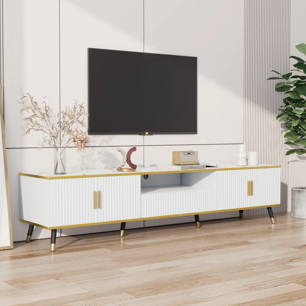 Merax Armoire TV Effet Marbre pour Écran 90 Pouces - Meuble 200cm Blanc