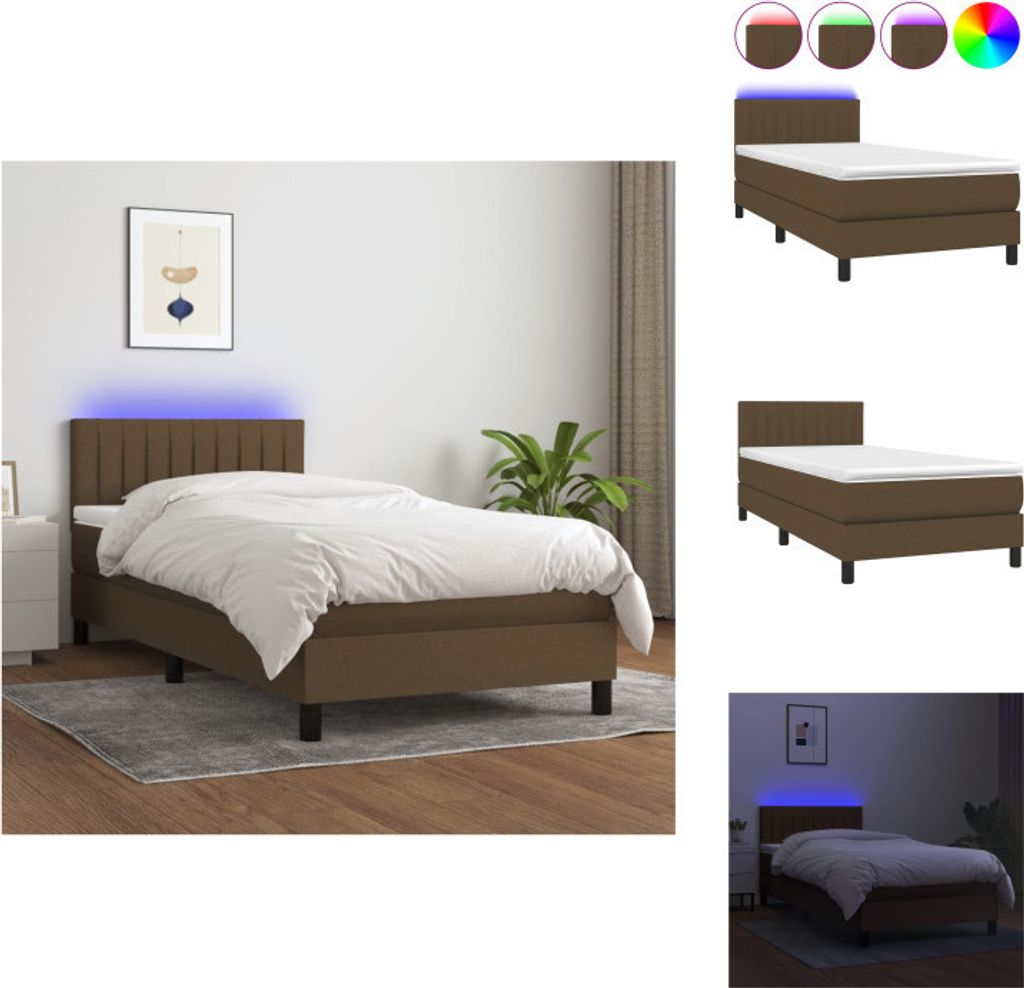 vidaXL Boxspringbett mit Matratze & LED Dunkelbraun 90x200 cm Stoff - Betten & Bettgestelle