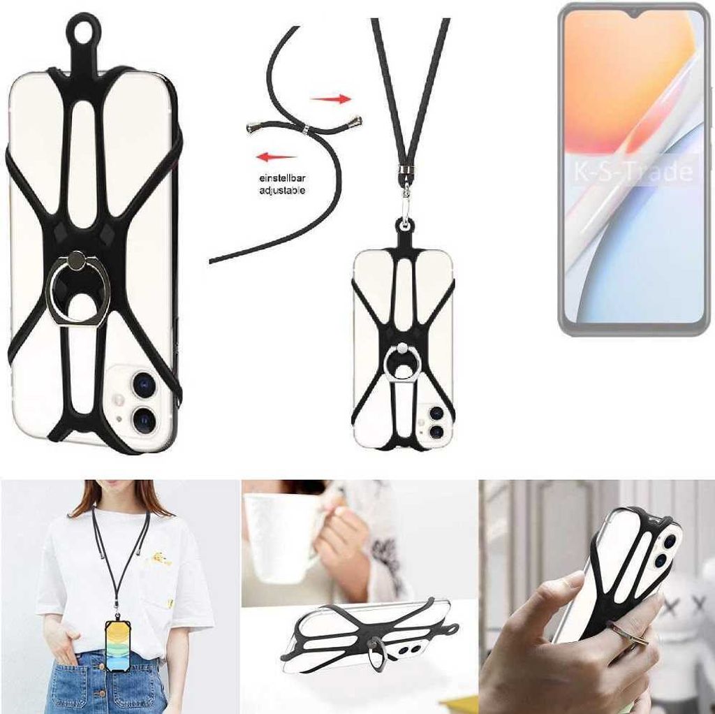 K-S-Trade 3in1 Handykette Handyband Handykordel Halsband Smartphone-Ring Handy-Ring kompatibel mit Vivo G2 Fingerhalterung Handyring Tischständer