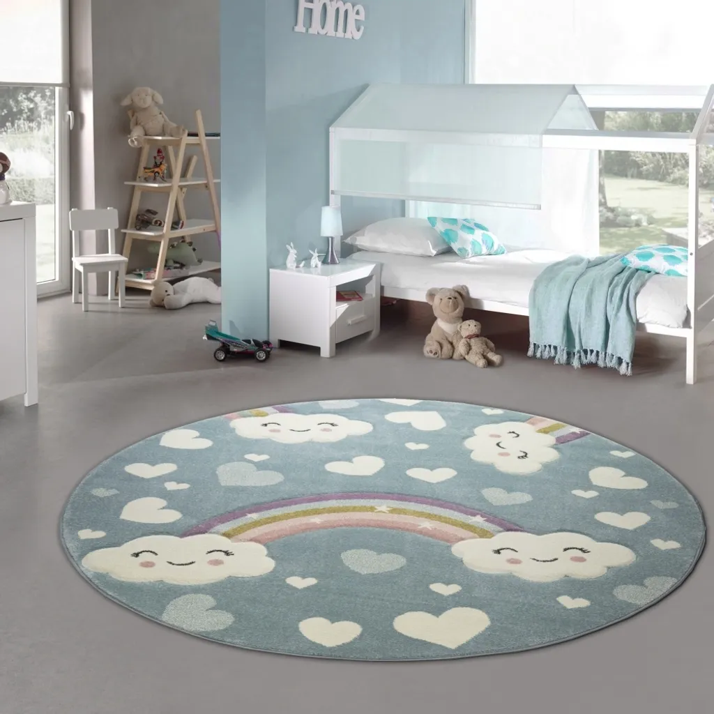 Tapis enfant rond 120 cm arc-en-ciel bleu avec nuages et petits cœurs