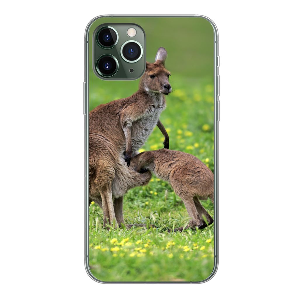 MuchoWow Handyhülle Schutzhülle Hülle für iPhone 11 Pro Känguru - Blumen - Jung Silikon Softcase Handy Hülle - Handy