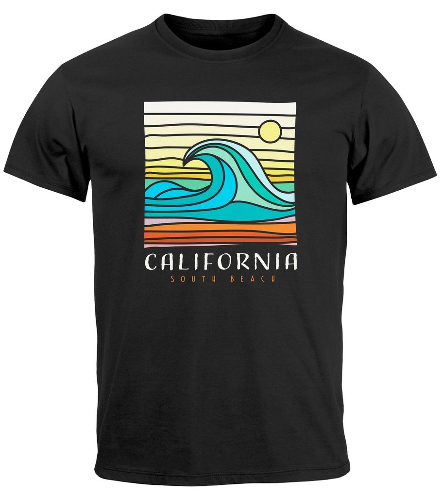 Herren T-Shirt California South Beach Welle Wave Surfing Print Aufdruck Fashion Streetstyle Neverless schwarz 5XL