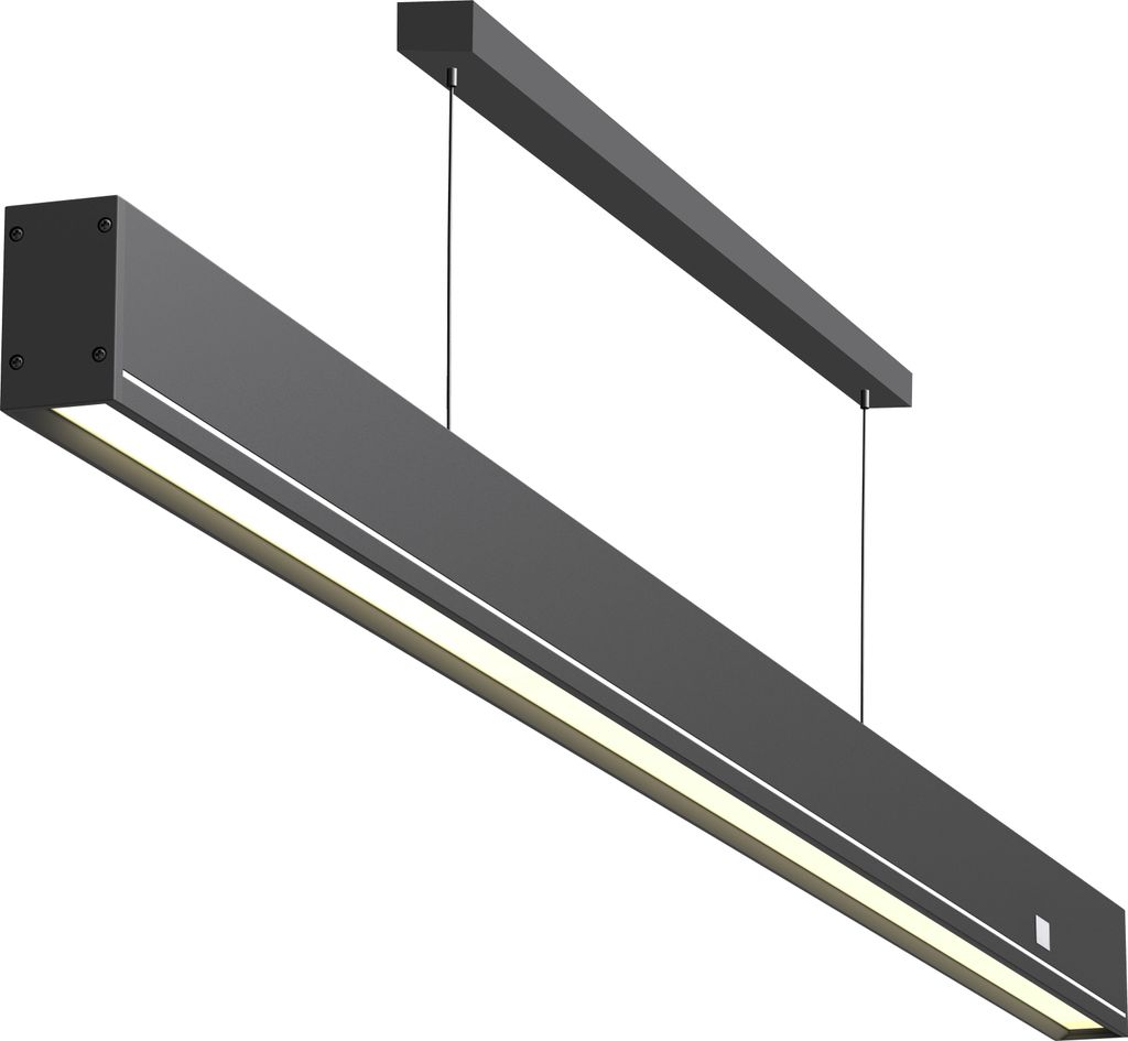 A modern, dark gray LED pendant light fixture with a white light strip, suspended by thin wires from a rectangular bar.