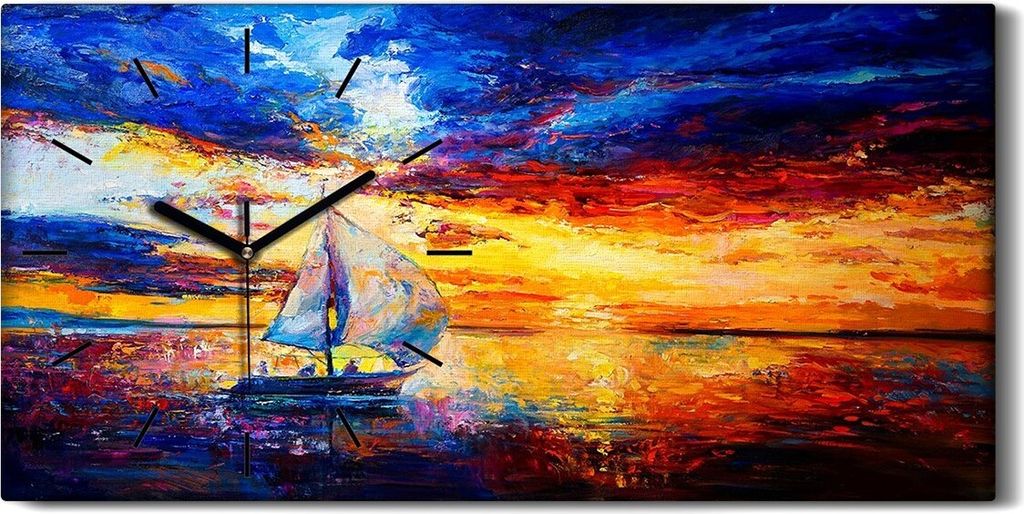 Leinwand Wanduhr Wandkunst Uhr 60x30 Meerelandschaft Schiff Segel bunt Meer - schwarze Hände