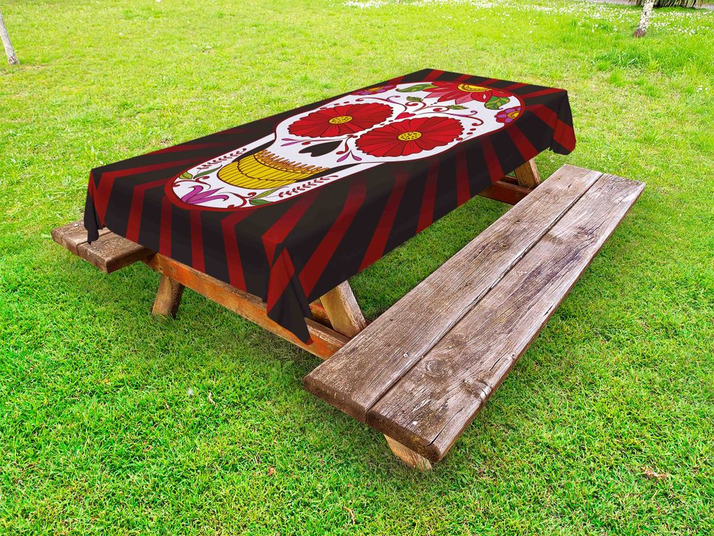 ABAKUHAUS Zuckerschädel Tischdecke Outdoor, Catrina inspirierte Kunst des Totenkopfs des Totenkopfs mit verziertem Blumen-Erinnerungs-Thema, Mehrf...