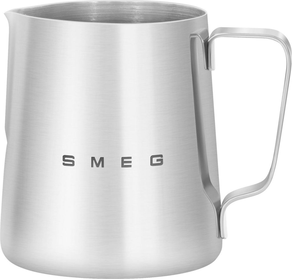 A silver Smeg milk frothing pitcher is shown against a white background.