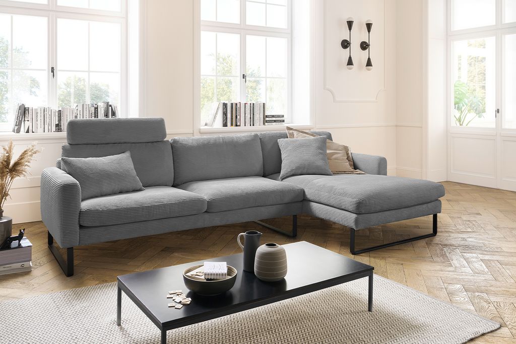 KAWOLA Sofa RICARDA Ecksofa Cord grau Recamiere rechts
