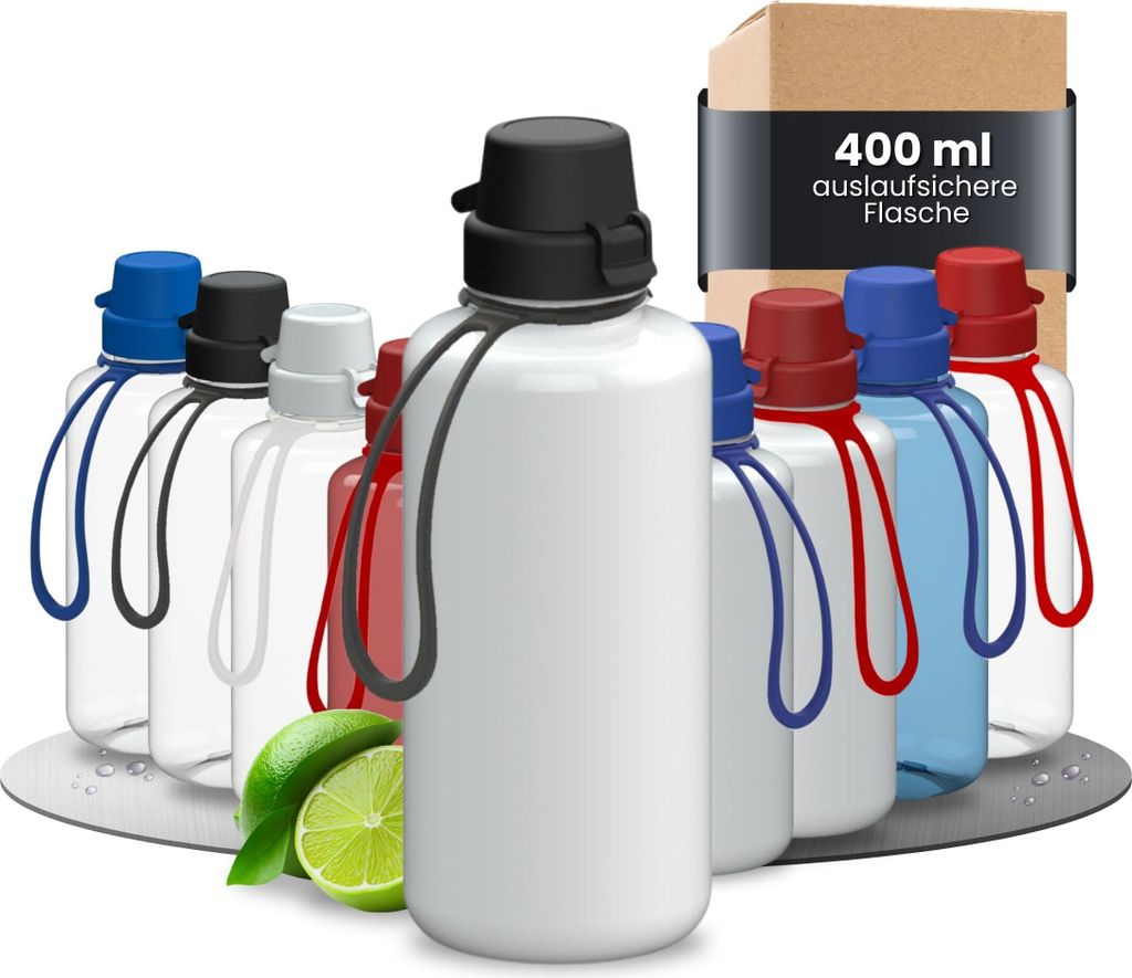 Trinkflasche Kinder 'School' 400 ml - bruchsichere Tritan Wasserflasche inkl. Strap - BPA-frei, auslaufsicher, spülmaschinenfest - weiß/schwarz