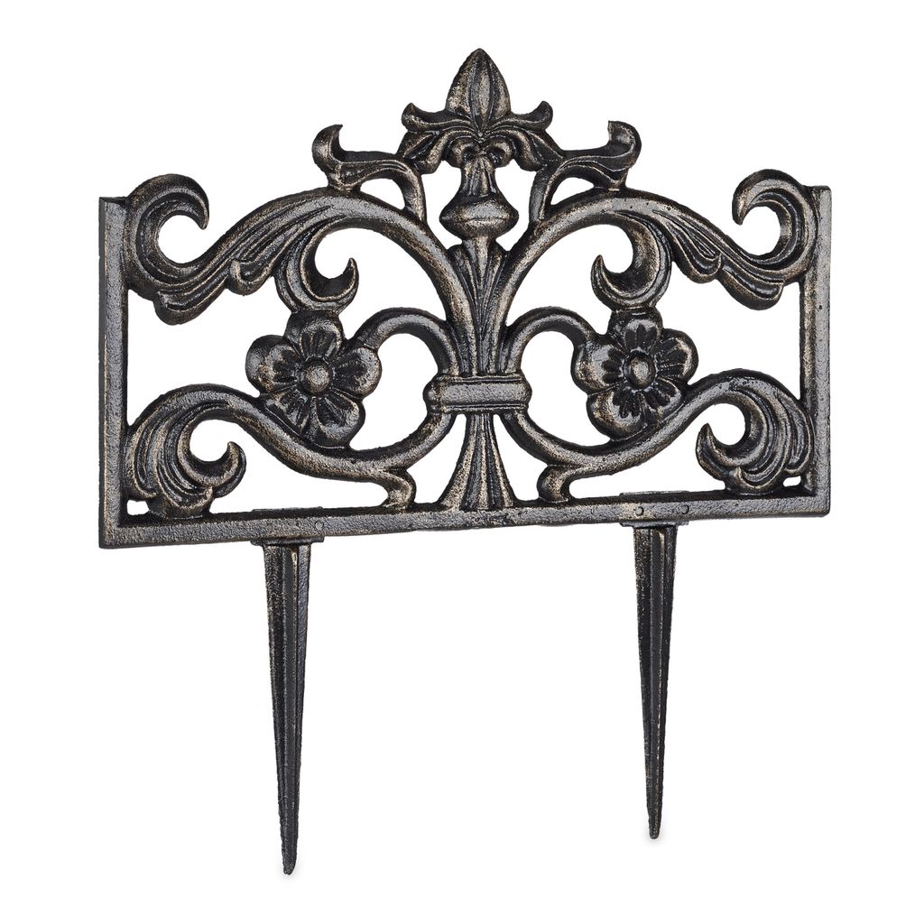 4er Set Beetzaun Gusseisen, mit Erdspieß, einfaches Stecksystem, Zierzaun, nostalgisch, H x B x T 37 x 36 x 2 cm, bronze