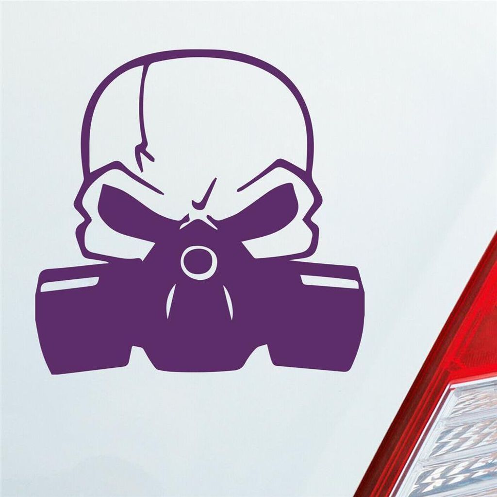 Auto Aufkleber Totenkopf mit Maske Gasmaske Skull Motorrad Bike 10x10 cm Lila Sticker Heckscheibenaufkleber
